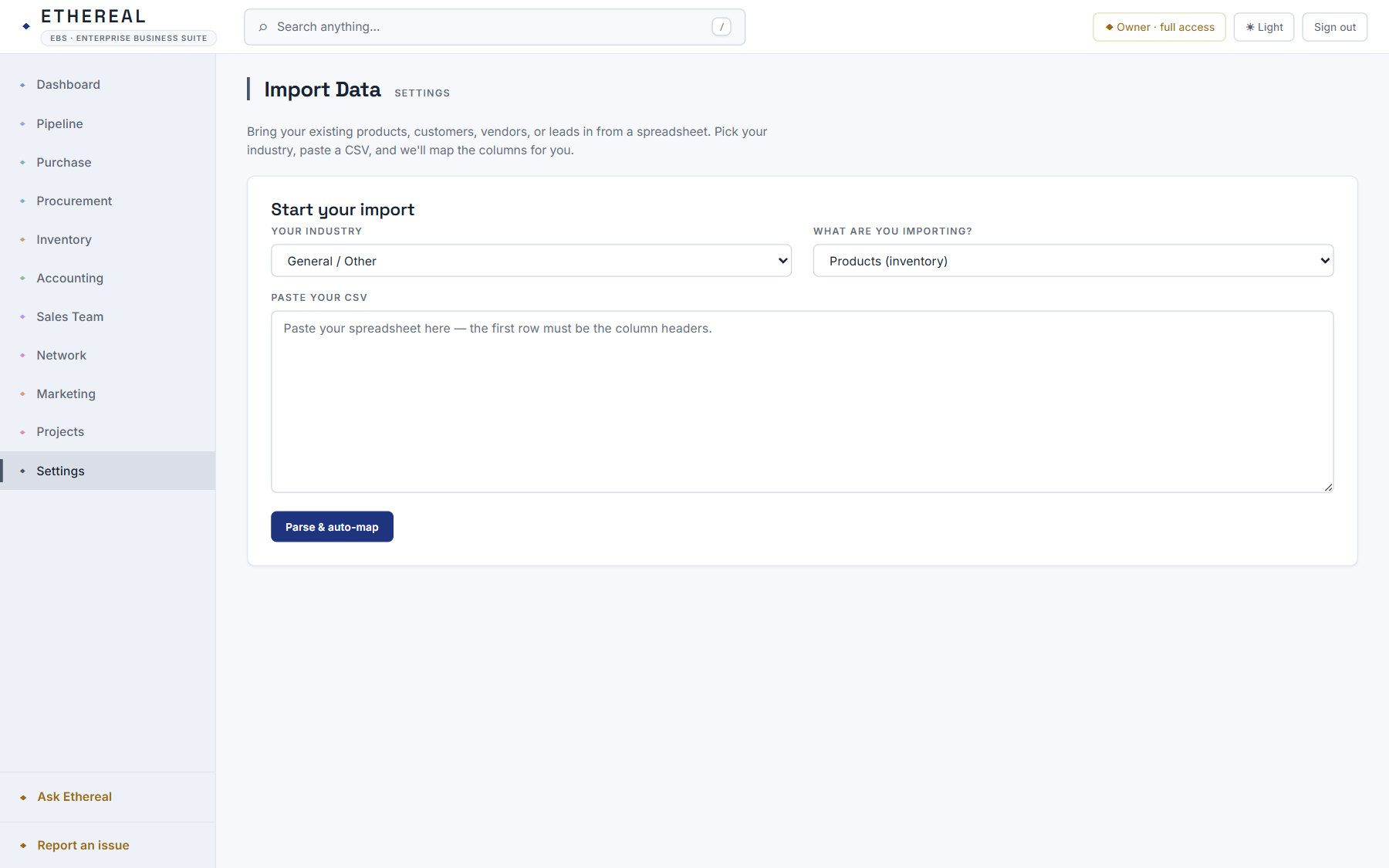 Guided data import with industry templates and column auto-mapping