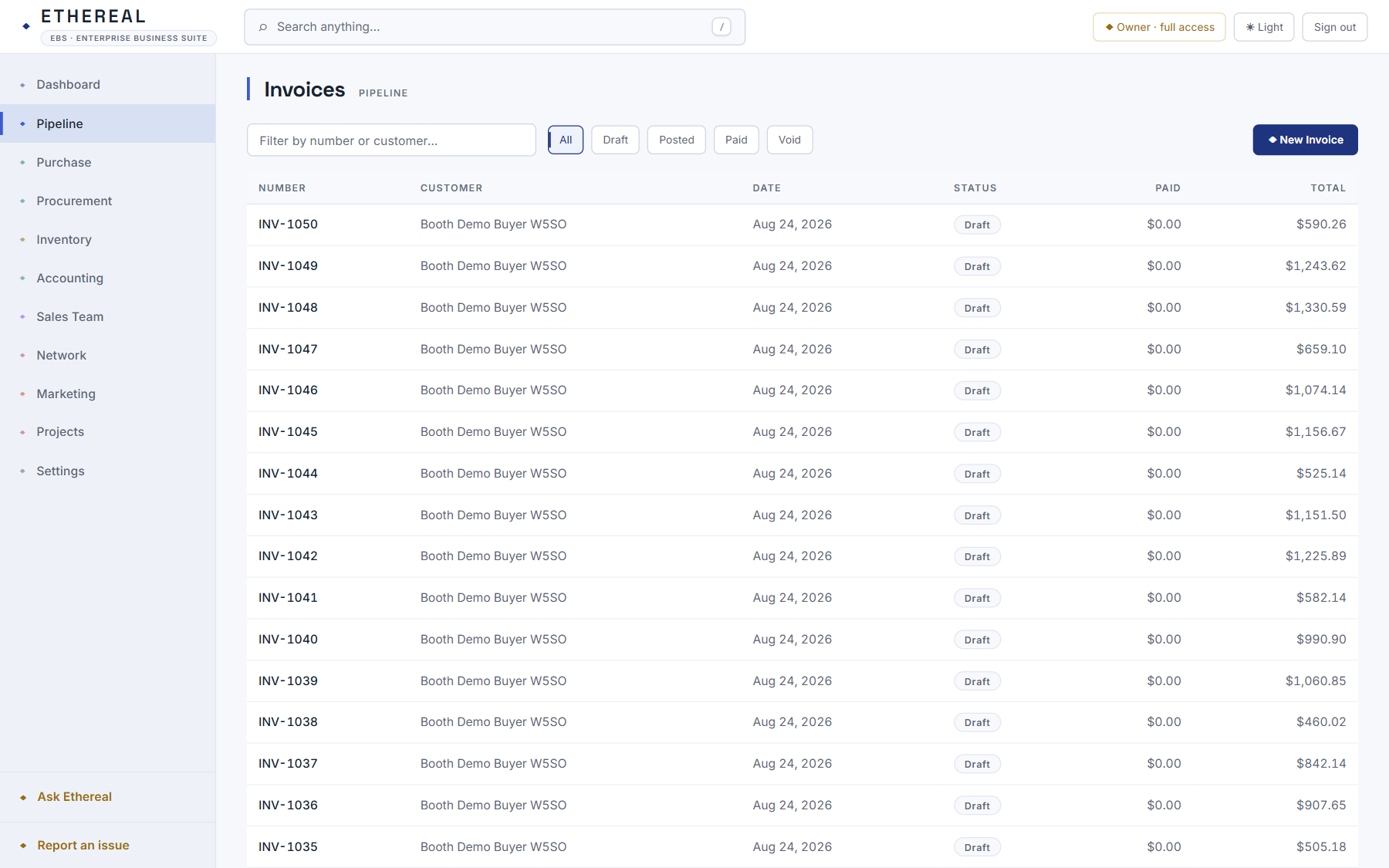 Invoices list with statuses