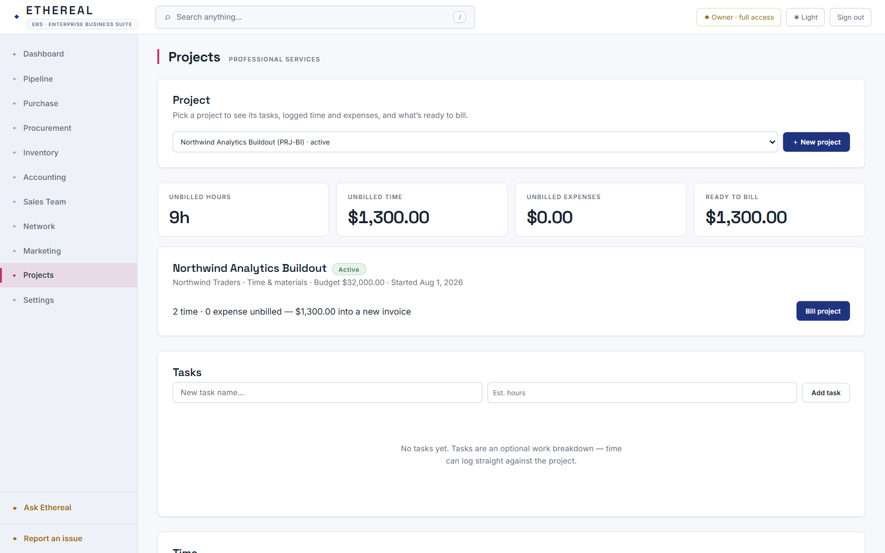 Projects / PSA with tasks, time, and billing